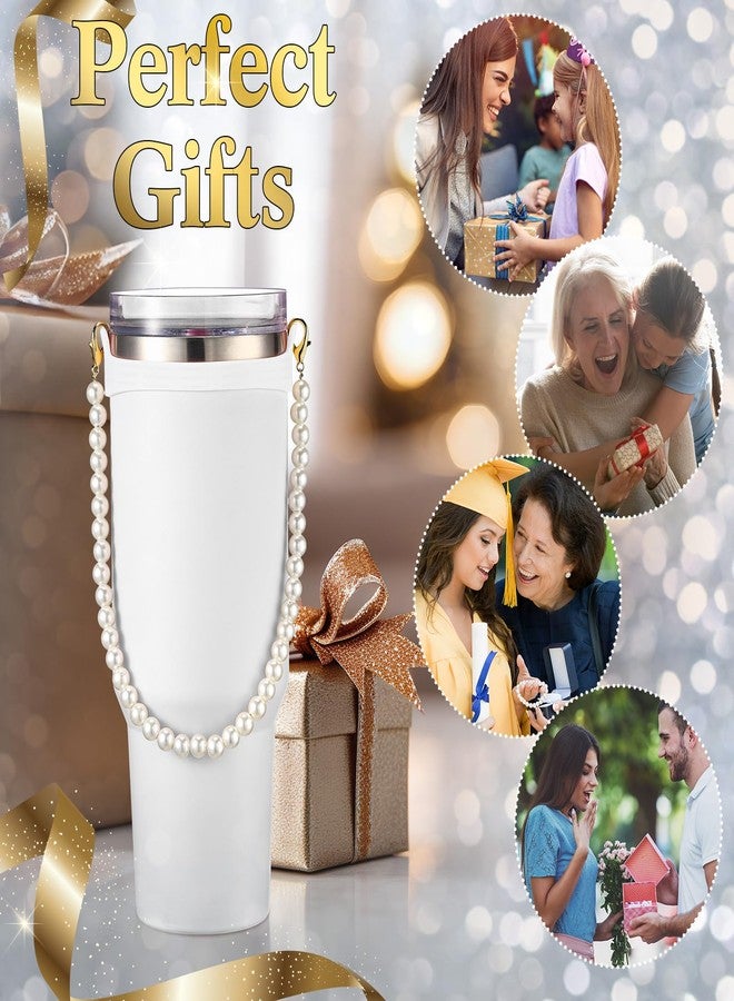 SiliFine 2 Pcs Silicone Water Bottle Handle Holder with Pearl Strap Compatible with Stanley Cup Accessories Sling Water Bottle Carrier Holde Fits Most 8-40 oz Tumbler Gift for Woman (White) - Image 4